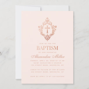 Girl Baptism Blush Pink Rose Gold Cross in Crest Invitation