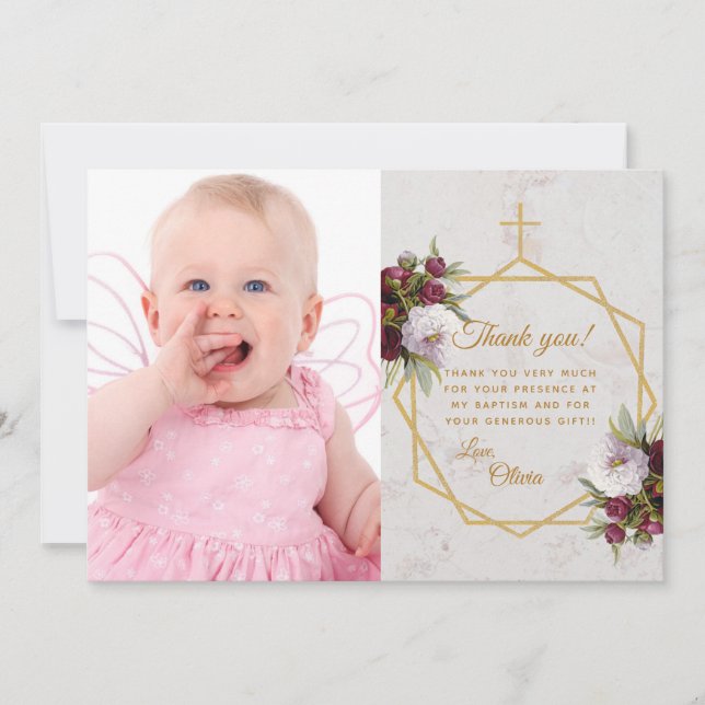 Girl Baptism Burgundy Peonies Gold Cross Marble Thank You Card (Front)