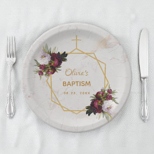 Girl Baptism Burgundy Peonies Marble Gold Floral Paper Plate