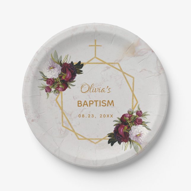 Girl Baptism Burgundy Peonies Marble Gold Floral Paper Plate (Front)