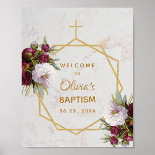 Girl Baptism Burgundy Peonies Marble Gold Welcome Poster