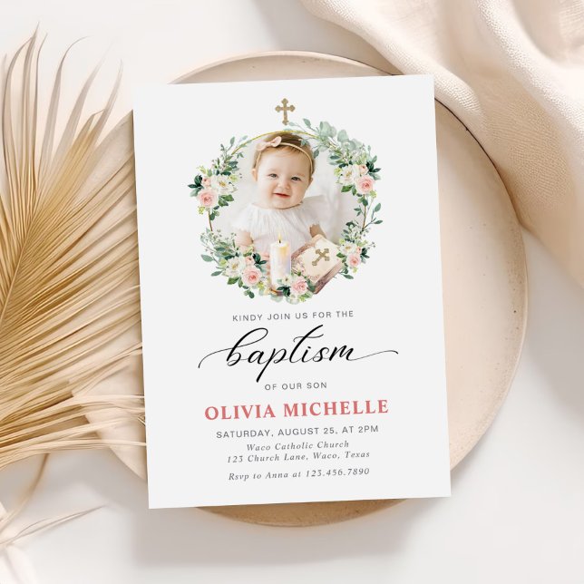 Girl Baptism Christening Floral Photo Invitation (Creator Uploaded)