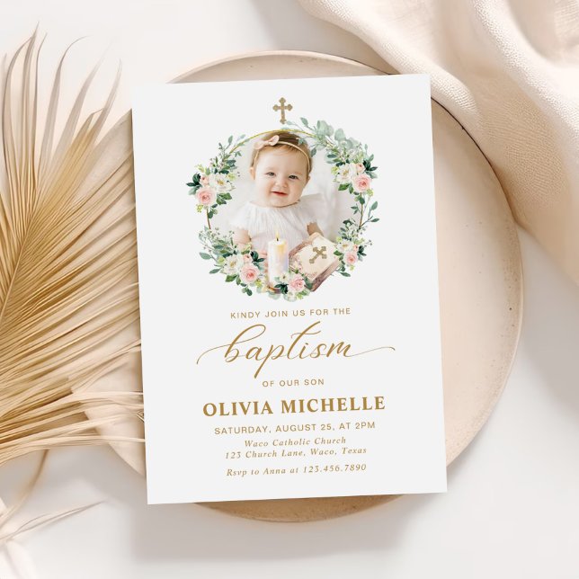 Girl Baptism Christening Floral Photo Invitation (Creator Uploaded)