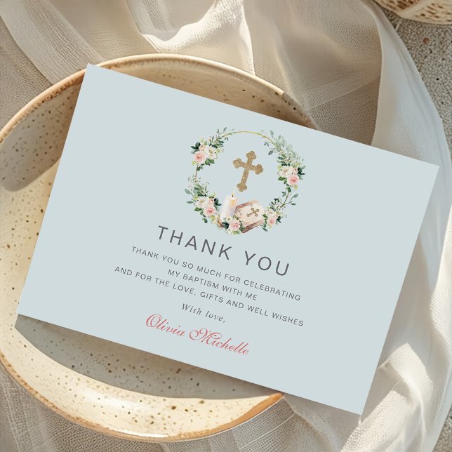 Girl Baptism Christening Floral Photo Thank You Card (Creator Uploaded)