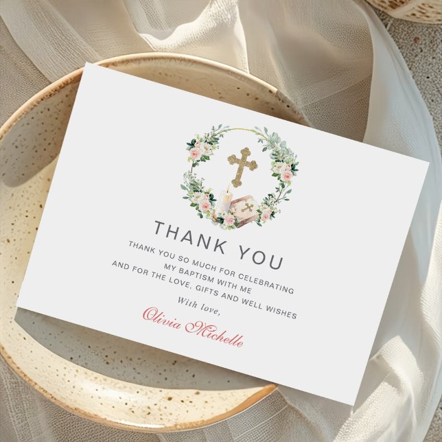 Girl Baptism Christening Floral Photo Thank You Card (Creator Uploaded)