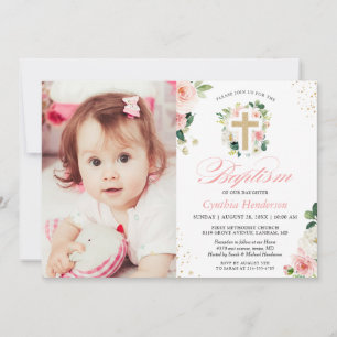 Girl Baptism Christening Photo Blush Pink Floral Invitation
