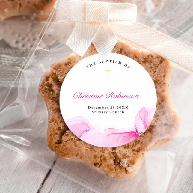 Girl Baptism Christening Pink Ink Classic Round Sticker (Creator Uploaded)