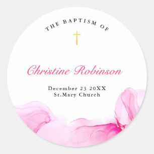 Girl Baptism Christening Pink Ink Classic Round Sticker