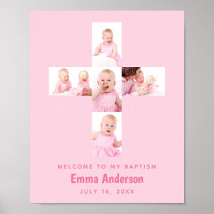Girl Baptism Cross Photo Collage Pink Christening Poster