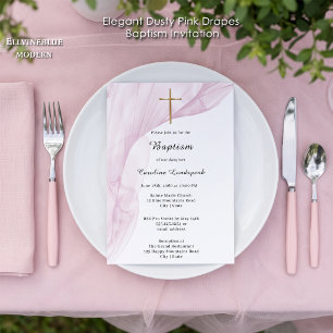 Girl Baptism Dusty Pink Drapes Gold Cross Invitation