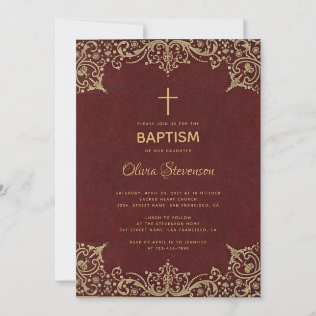 Girl Baptism Elegant Burgundy Gold Cross Vintage Invitation (Front)