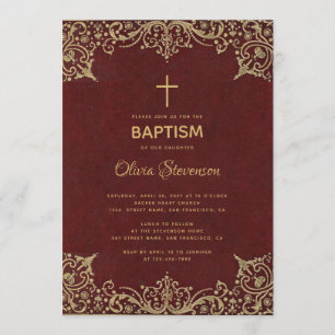 Girl Baptism Elegant Burgundy Gold Cross Vintage Invitation
