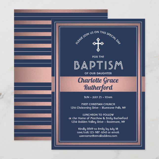 Girl Baptism Elegant Navy Blue Pink Rose Gold Invitation (Front/Back)