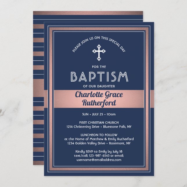 Girl Baptism Elegant Navy Blue Pink Rose Gold Invitation (Front/Back)