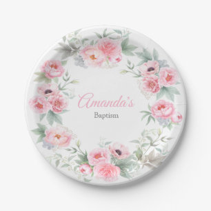 Girl Baptism, Elegant, Pink, Watercolor Floral Paper Plate