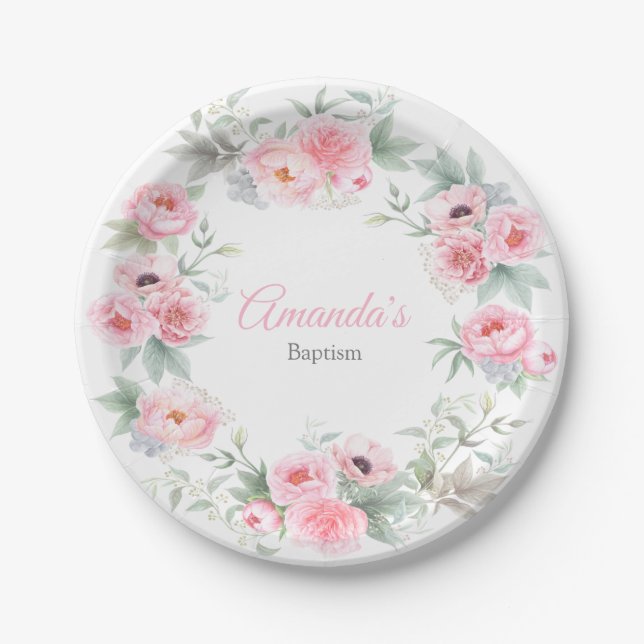 Girl Baptism, Elegant, Pink, Watercolor Floral Paper Plate (Front)