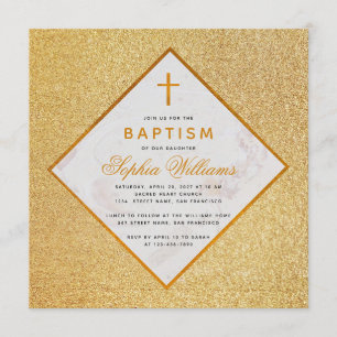 Girl Baptism Faux Gold Glitter Cross White Marble Invitation