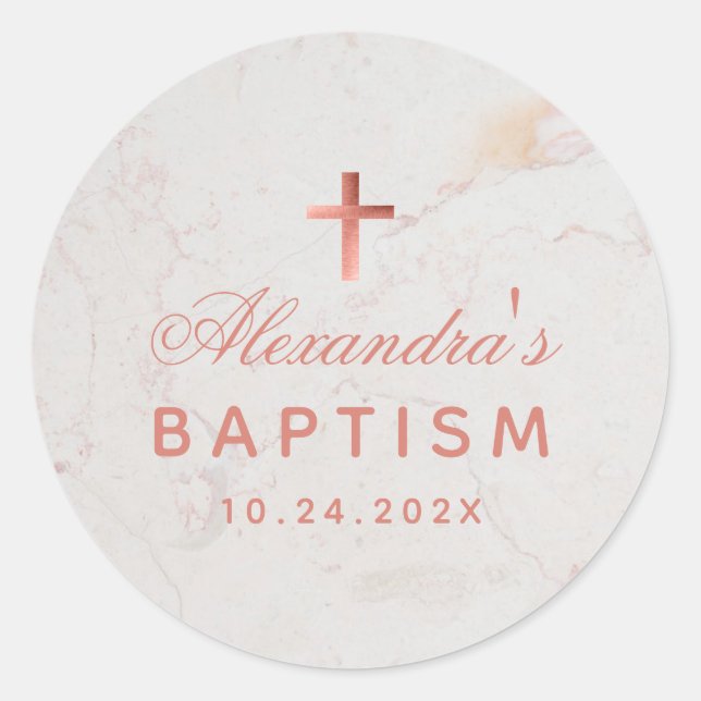 Girl Baptism Faux Rose Gold Marble Elegant Script Classic Round Sticker (Front)
