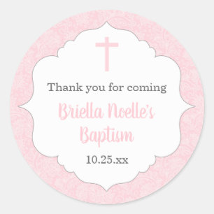 Girl baptism favour idea   pink damask classic classic round sticker