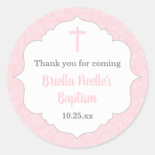 Girl baptism favour idea | pink damask classic classic round sticker (Front)