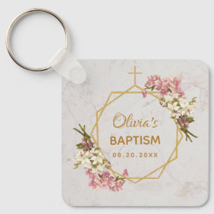 Girl Baptism Floral Gold Marble Pink Orchids Key Ring