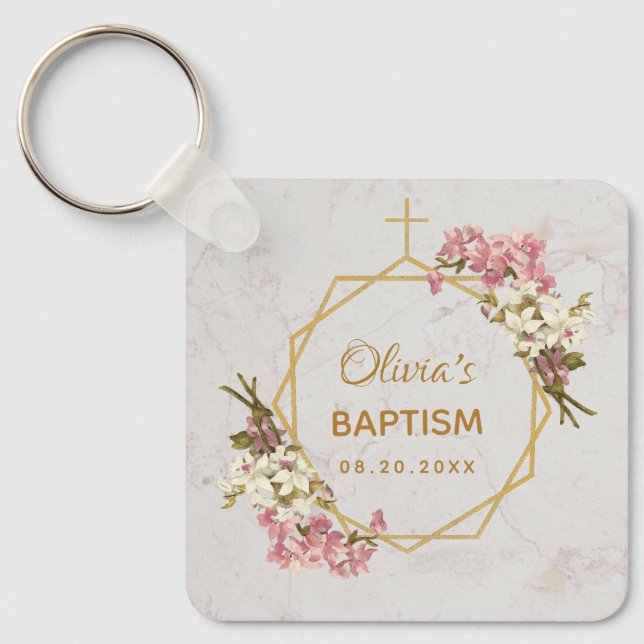 Girl Baptism Floral Gold Marble Pink Orchids Key Ring (Front)