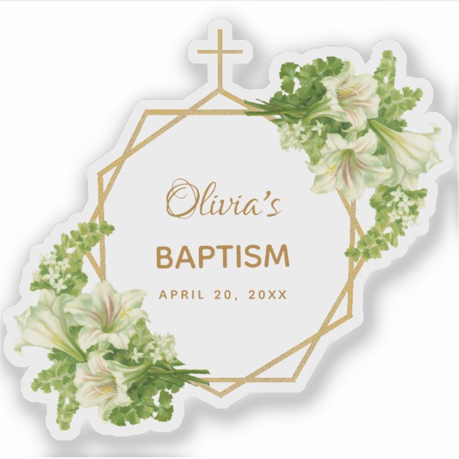 Girl Baptism Floral Gold White Lilies Geometric (Front)