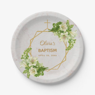 Girl Baptism Floral Lilies Gold Marble Geometric Paper Plate