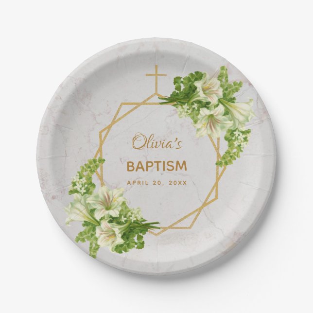 Girl Baptism Floral Lilies Gold Marble Geometric Paper Plate (Front)