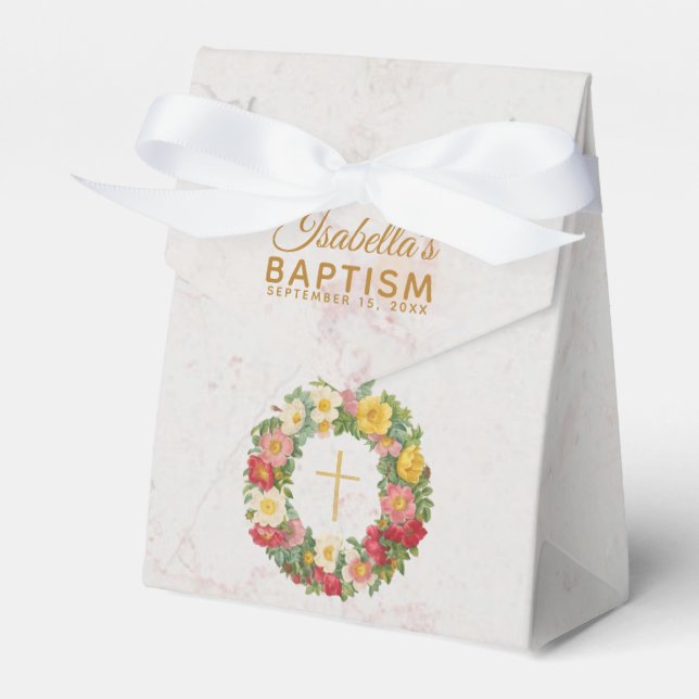 Girl Baptism Floral Marble Gold Cross Rose Wreath Favour Box (Front Side)
