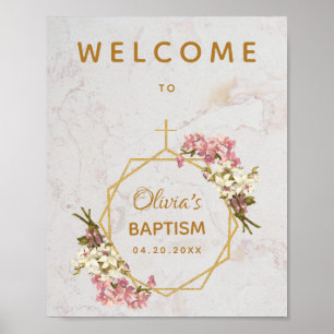 Girl Baptism Floral Marble Gold Orchids Welcome Poster
