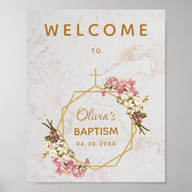 Girl Baptism Floral Marble Gold Orchids Welcome Poster (Front)