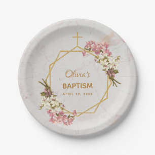 Girl Baptism Floral Orchids Gold Marble Geometric Paper Plate