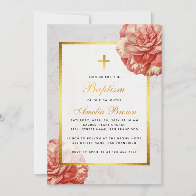 Girl Baptism Floral Pink Camellia Faux Gold Marble Invitation (Front)