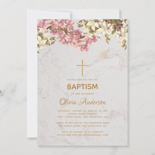 Girl Baptism Floral Pink Orchids Gold Cross Marble Invitation (Front)