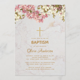 Girl Baptism Floral Pink Orchids Gold Cross Marble Invitation