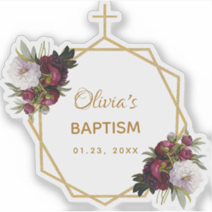 Girl Baptism Gold Cross Burgundy Peonies Floral