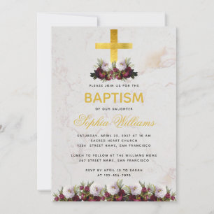 Girl Baptism Gold Cross Burgundy Peonies Marble Invitation
