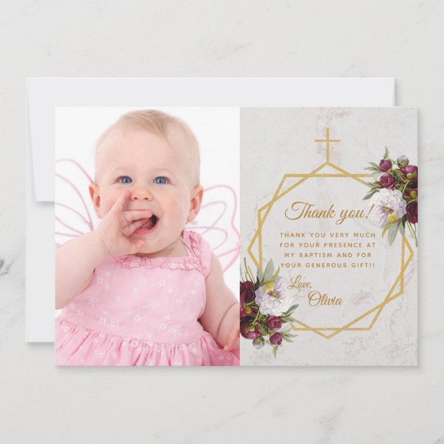 Girl Baptism Gold Cross Marble Peonies Butterfly Thank You Card (Front)