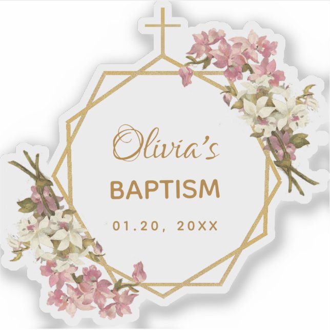 Girl Baptism Gold Pink Orchids Floral Geometric (Front)