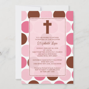 Girl Baptism Inviation Brown & Pink Polka Dots Invitation