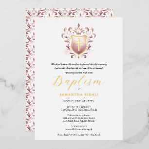 Girl Baptism Invitation Dusty Rose Crest