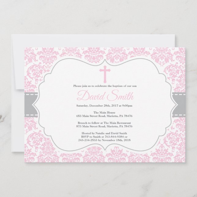 Girl Baptism Invitation Pink and Grey Damask (Front)