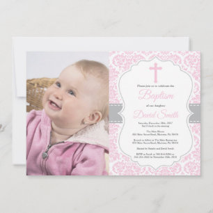 Girl Baptism Invitation Pink and Grey Damask