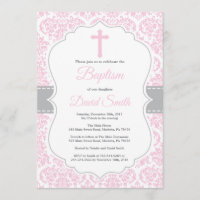 Girl Baptism Invitation Pink and Grey Damask