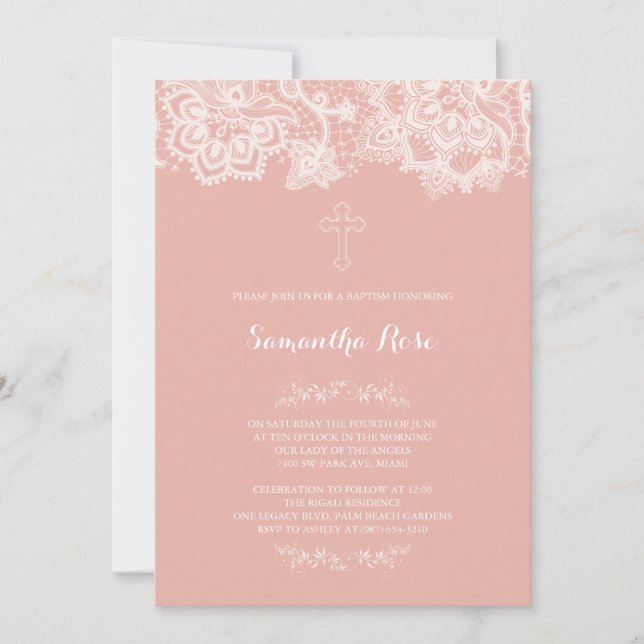 Girl Baptism Invitation Pink Lace (Front)