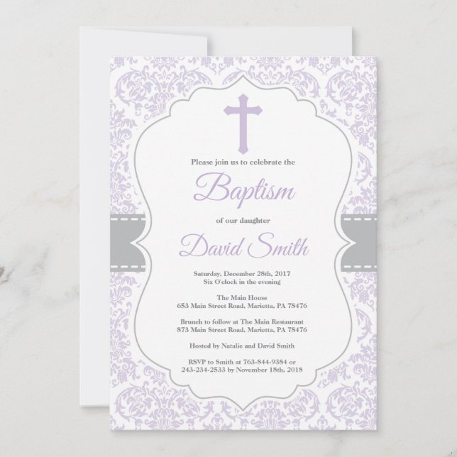 Girl Baptism Invitation Purple and Grey Damask (Front)