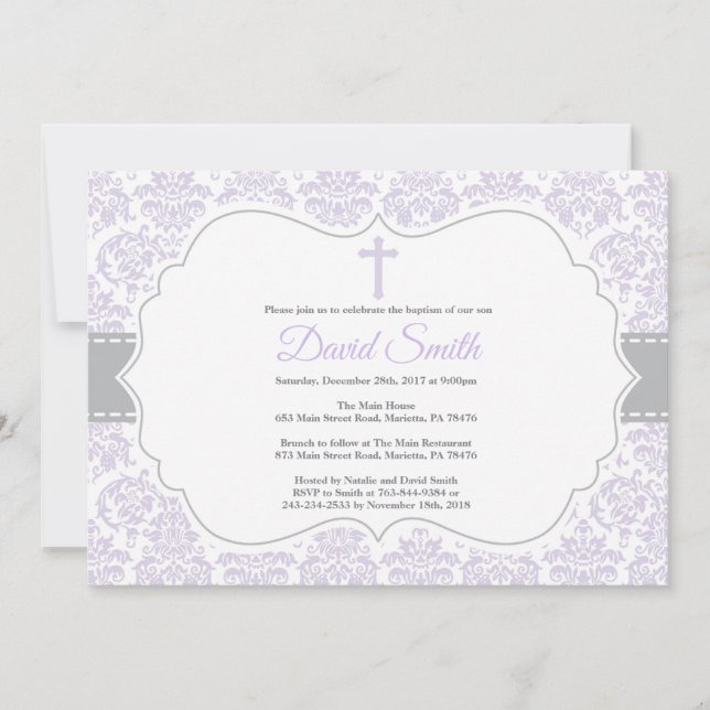 Girl Baptism Invitation Purple and Grey Damask (Front)