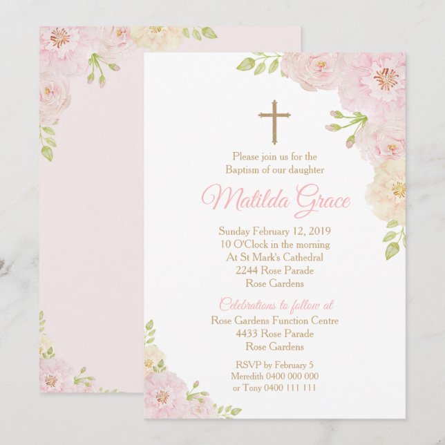 Girl Baptism Invitation Rose Baptism Invitation (Front/Back)