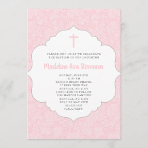 Girl baptism invitation   trendy pink damask